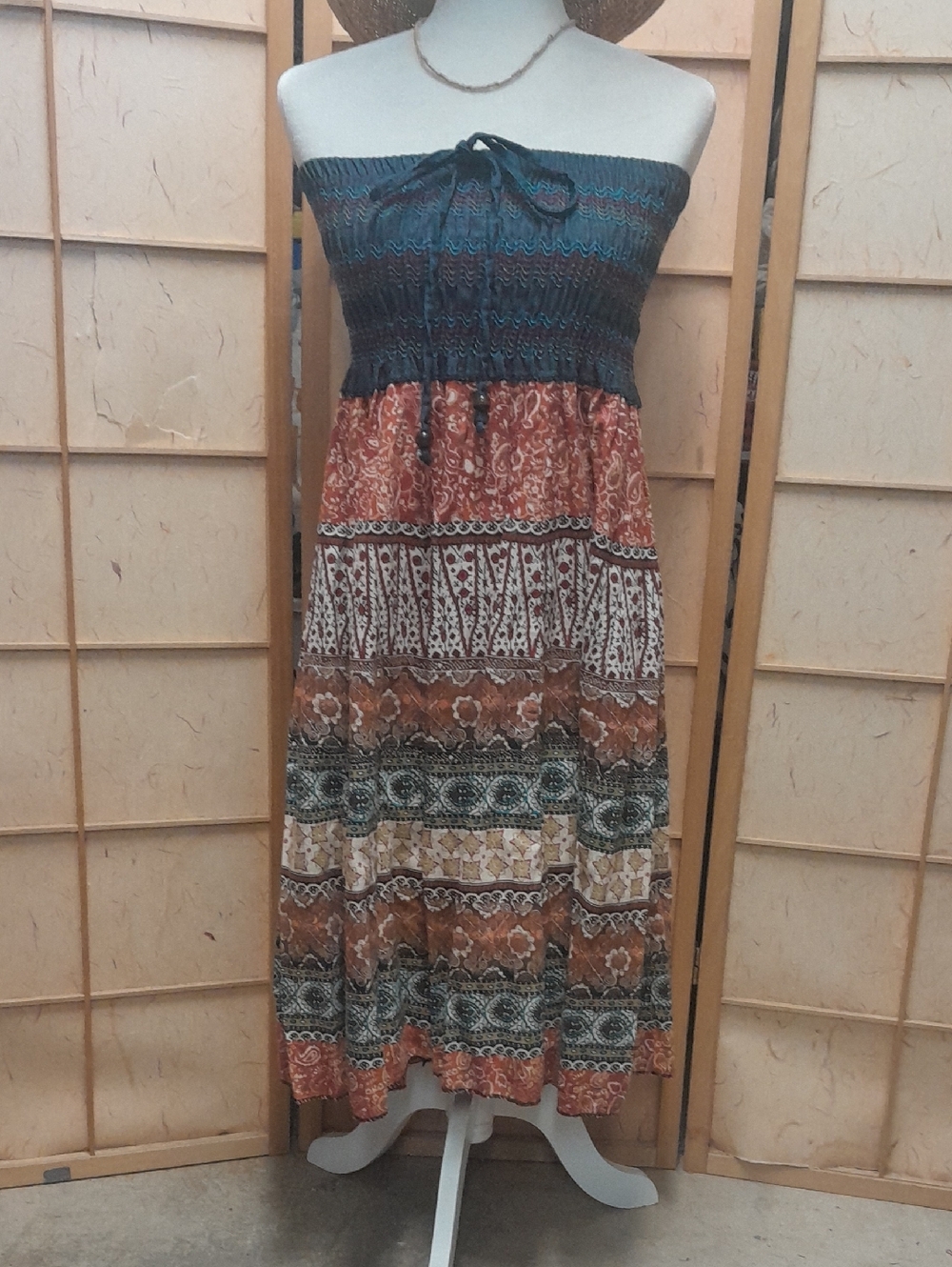Boho Strapless Smocked Maxi Dress in Rust, Teal & Cream Size S